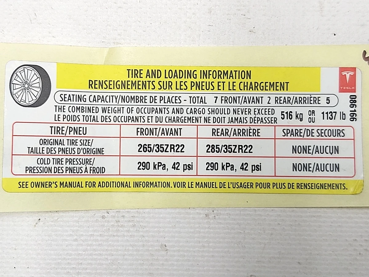 7 Label (label, sticker) with x-mi wheels and max. permissible additional load Tesla model X P100D 1013935-00-C