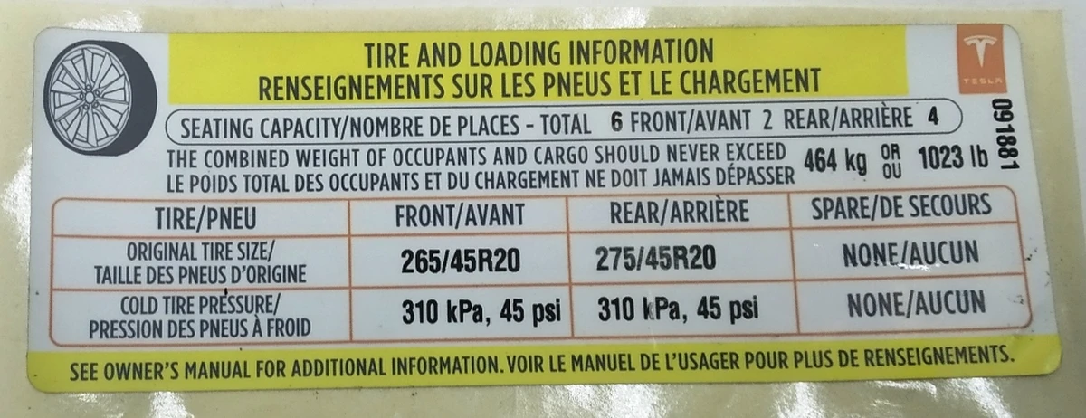 7 Етикетка (лейба, наклейка) з х-мі коліс та макс. допустимим довантаженням Tesla model X 75D 1013935-00-C