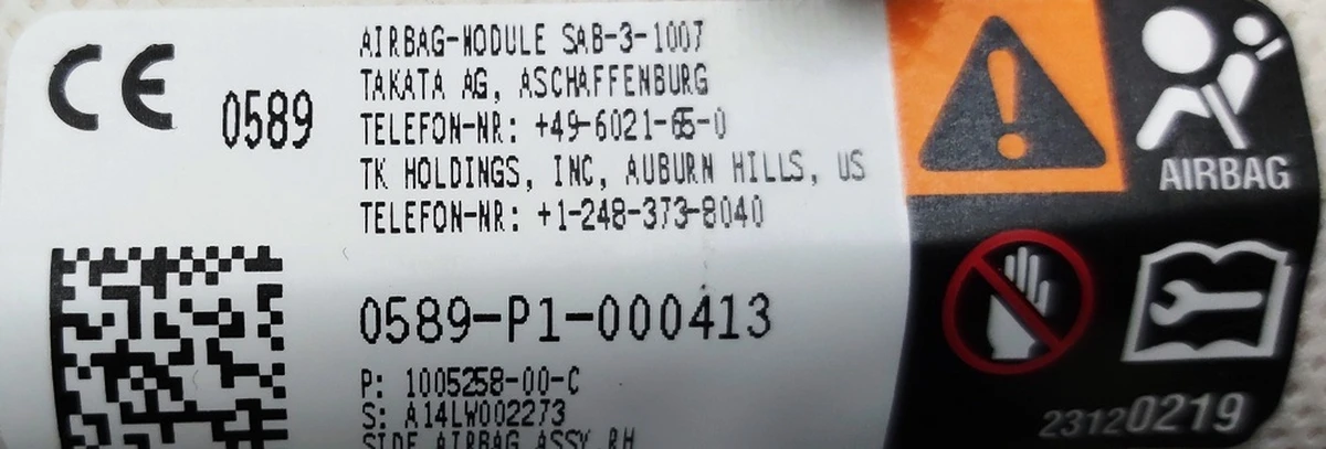 2 Passenger seat airbag damaged Tesla model S 1013121-03-B