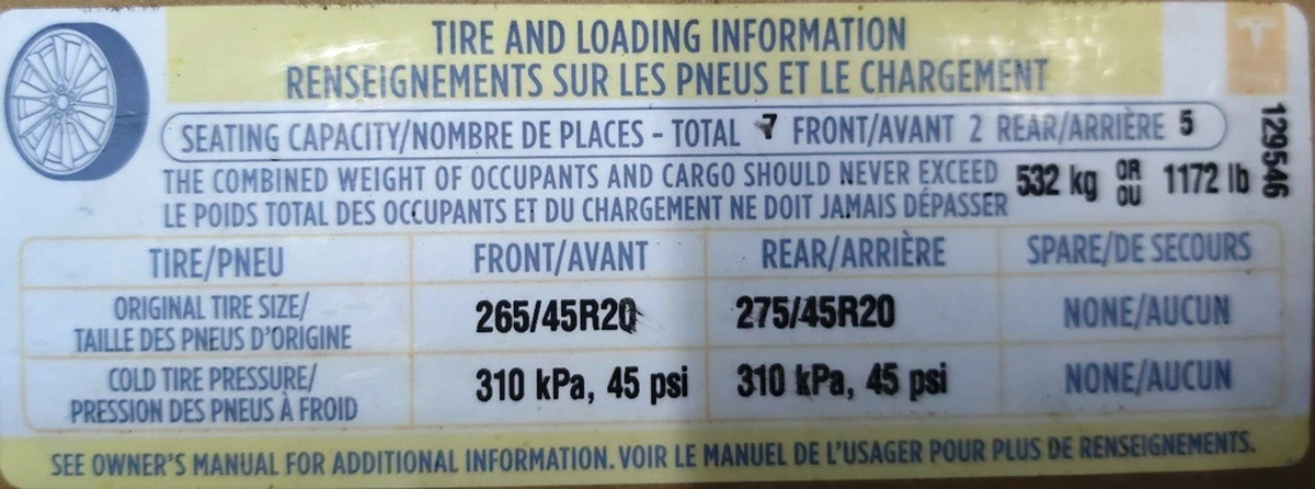 7 LBL,TIRE PRESSURE & LOADING INFO LABEL Tesla model X P100D 1013935-00-C