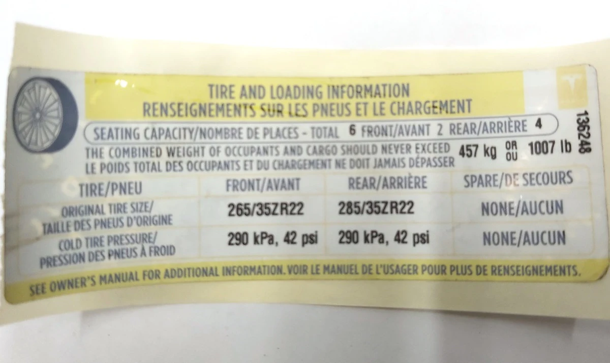 7 Етикетка (лейба, наклейка) з х-мі коліс та макс. допустимим довантаженням Tesla model X 100D 1013935-00-C