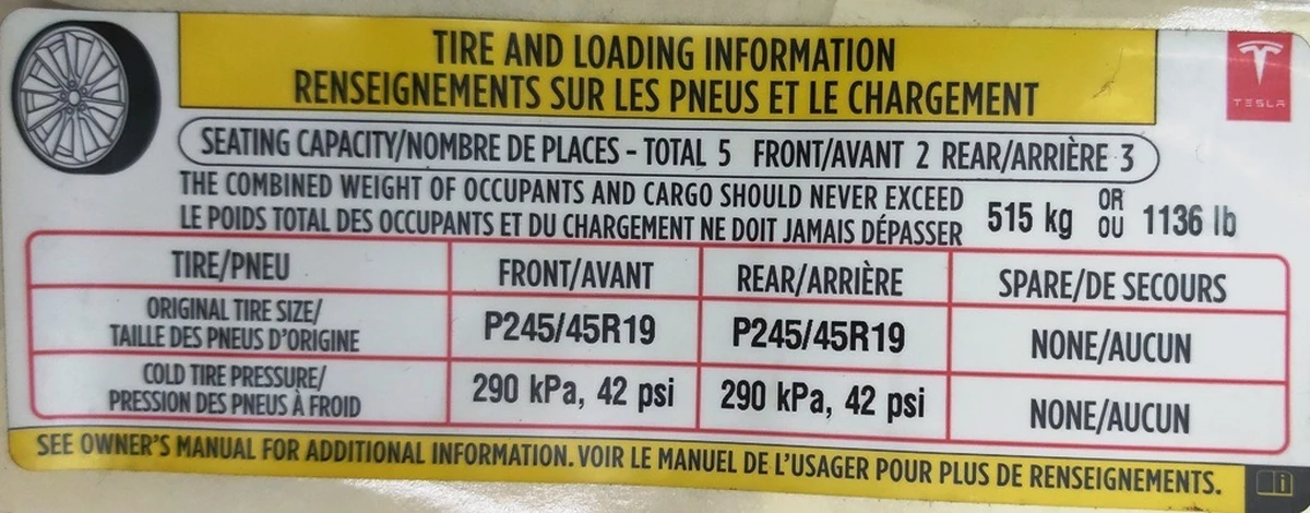 3 LBL,TIRE PRESSURE & LOADING INFO LABEL Tesla model S 60 1013935-00-C