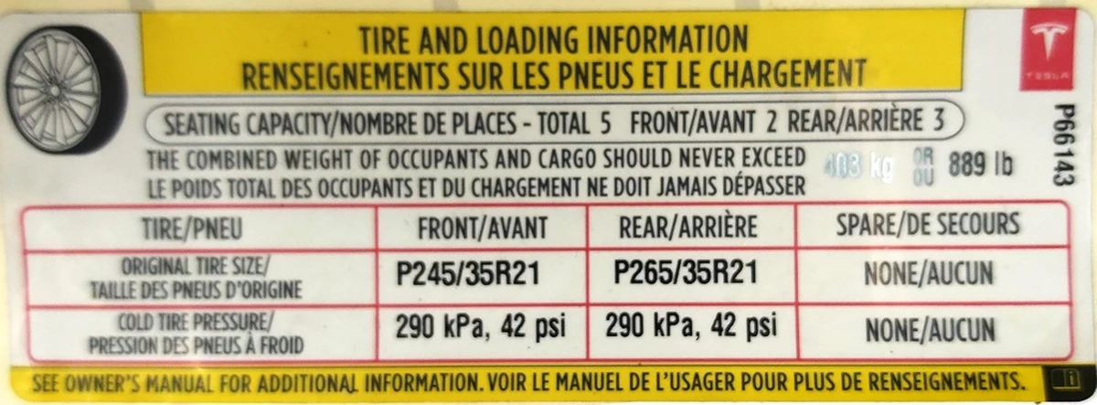 3 Этикетка (лейба, наклейка) с х-ми колес и макс. допустимой догрузкой Tesla model S 1013935-00-C