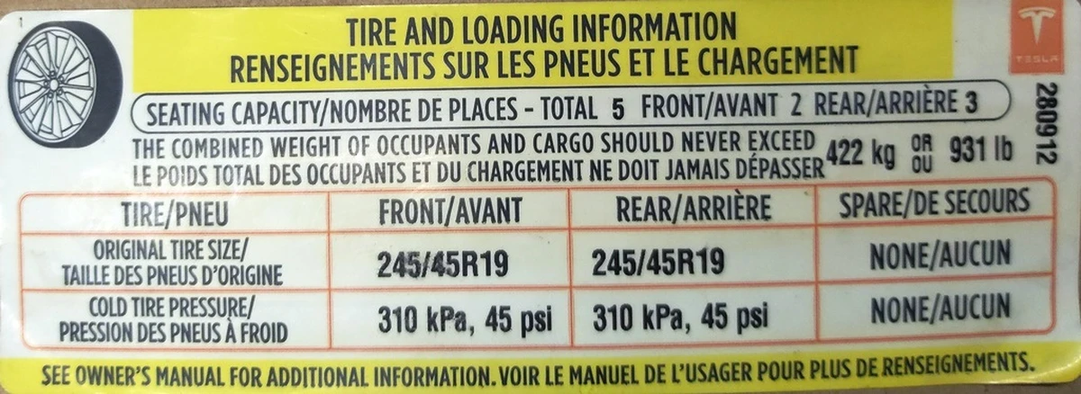 3 LBL,TIRE PRESSURE & LOADING INFO LABEL Tesla model S REST 75 1013935-00-C