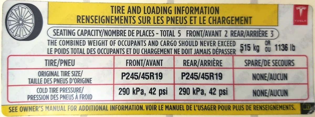 3 Этикетка (лейба, наклейка) с х-ми колес и макс. допустимой догрузкой Tesla model S 60 1013935-00-C