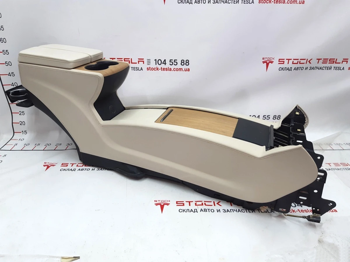 1 Center console assembly armrest beige leather cup holder wood (with damage, without decorative cup holders) Tesla model X 1026728-S0-E