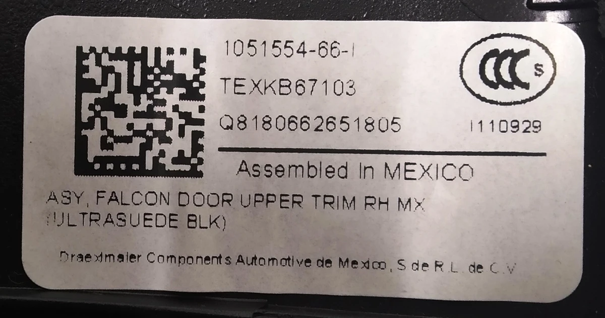 Облицовка верхнего стекла двери задней правой ULTRASUEDE BLK Tesla Model X 1051554-06-J