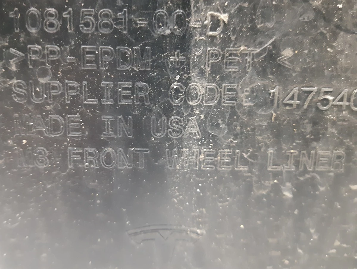 1 Fender liner front left Tesla model 3 1081581-00-D