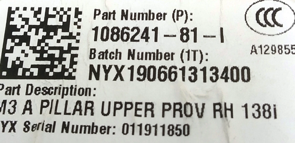 1 UPPER A-PILLAR, ASY, PROV, RH Tesla model 3 1086241-91-J