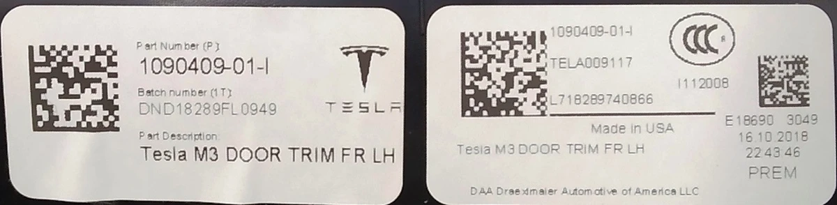 1 Карта двери передней левой PREM BLACK (отделка мягкая) c блоком стеклопод.(глянец) Tesla model 3 1090409-91-L