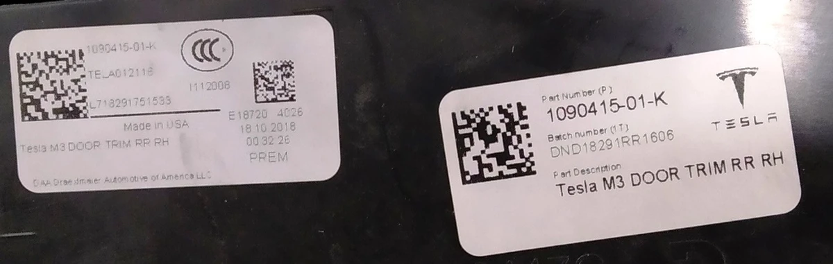11 Rear right door card assembly PREM BLACK Tesla model 3 1090415-01-M