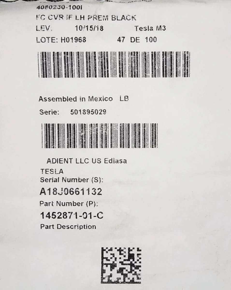 8 Обшивка нижней части водительского сиденья с подогревом PREM PUR BLK Tesla model 3 1452871-91-E