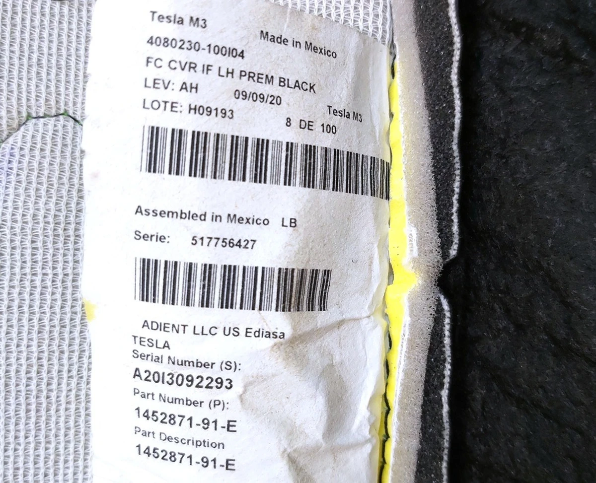 8 M3 1R LH SC TRIM ASY LHD PUR BLK Tesla model 3, model Y 1452871-91-E