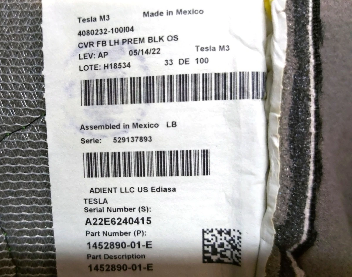 3 Heated driver's seat back cover with PREM PUR BLK filler with damage to Tesla model Y 1456943-99-E