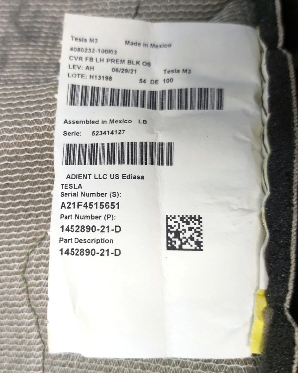 14 Обшивка спинки водійського сидіння з підігрівом PREM PUR BLK під відновлення Tesla model 3, model Y 1452890-21-D
