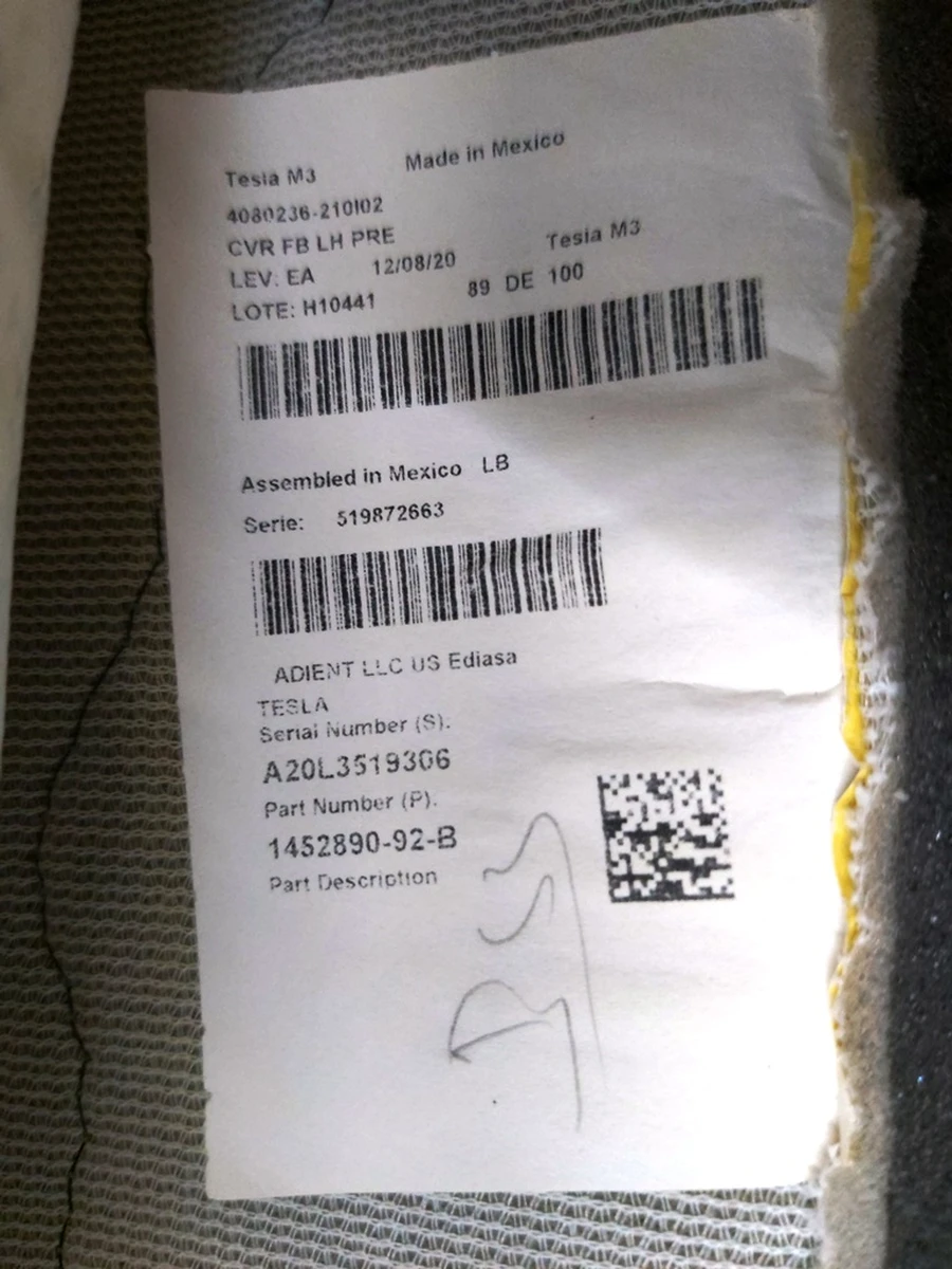 3 Обшивка спинки сидіння водія з наповнювачем, підігрівом WHITE Tesla Model 3, Model Y 1452890-92-F