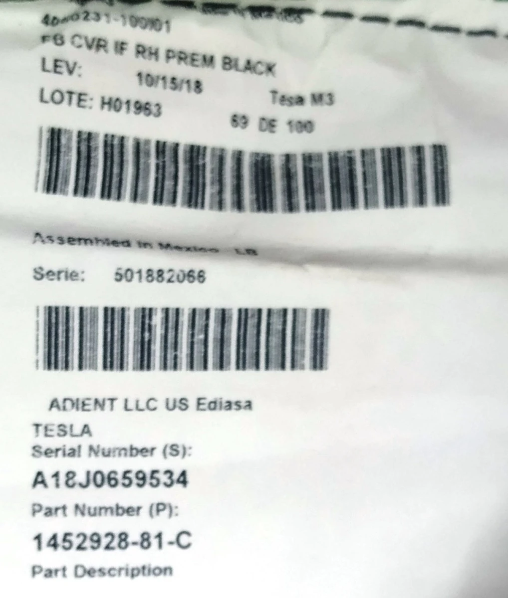 14 1st row seatback trim assembly - right hand - black (damaged) PREM PUR BLACK (повреждение) Tesla Model 3, Model Y 1920673-01-A