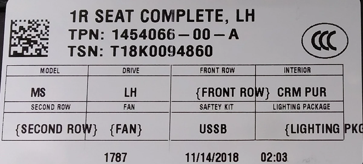 1 Сиденье водительское (без проводки и блока управления сиденья) в сборе PUR CRM (GEN 3) (с повреждением) Tesla model S REST 9876540-03-A