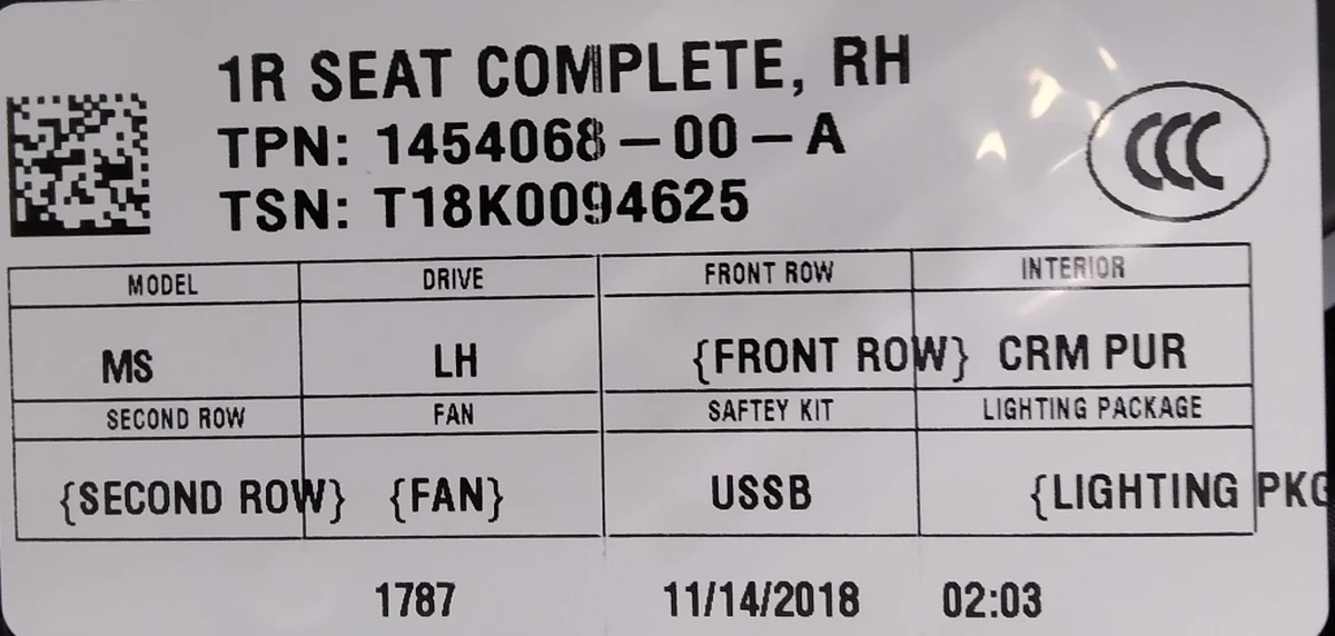 2 Passenger seat assembly PUR CRM (GEN 3) Tesla model S REST, model X 9876536-03-A