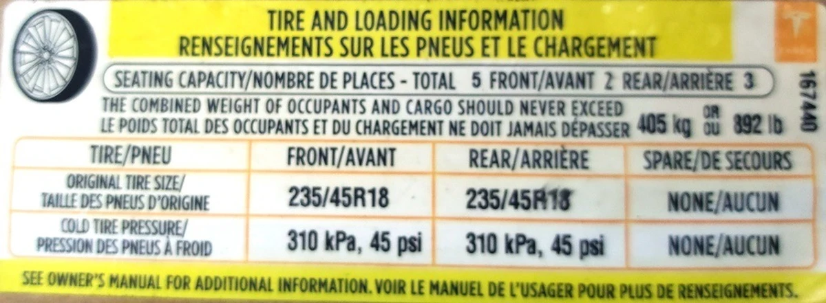 4 Этикетка (лейба, наклейка) с х-ми колес и макс. допустимой догрузкой Tesla model 3 1465392-00-A