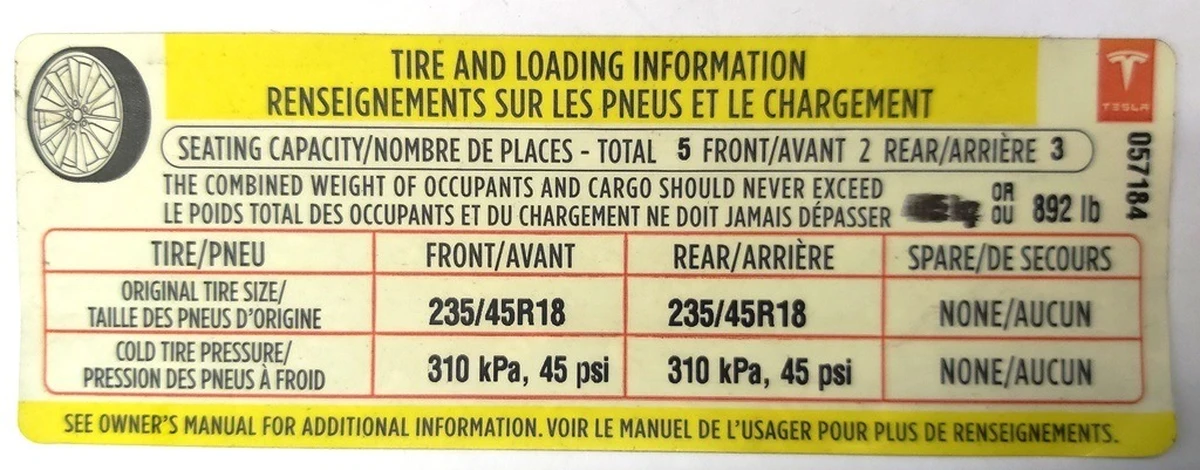 4 Етикетка (лейба, наклейка) з х-мі коліс та макс. допустимим довантаженням Tesla model 3 1465392-00-A