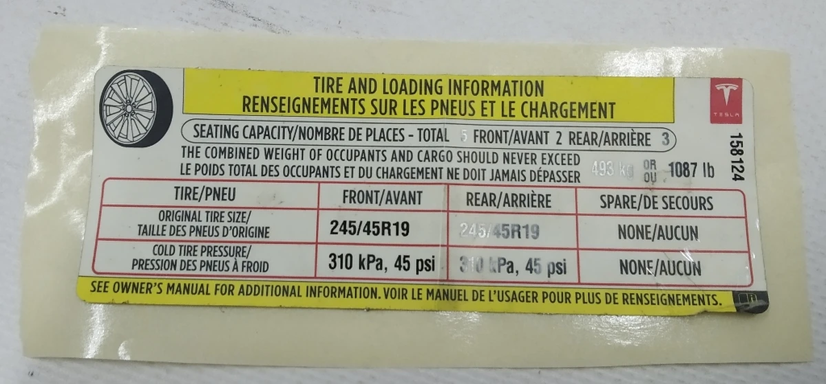 3 Етикетка (лейба, наклейка) з х-мі коліс та макс. допустимим довантаженням Tesla model S REST 75 1013935-00-C