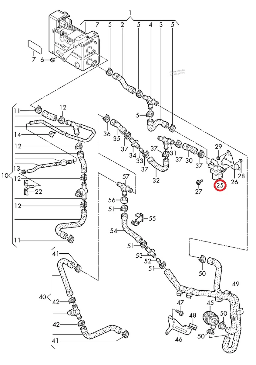 Клапан потрійний електромагнітний системи охолодження в зборі зі шлангами охолодження нагрівального елементу 1T0820036D Volkswagen E-GOLF