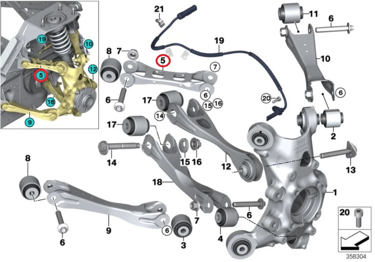 Важіль задній верхній подовжній правий в зборі з гайкою гвинта і кліпсами датчика ABS BMW i3 33306867882
