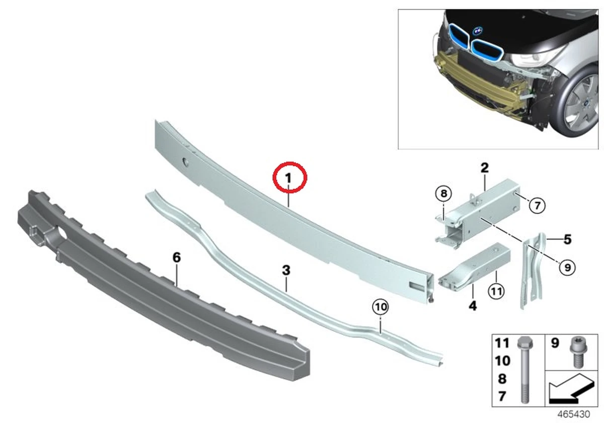 Підсилювач бампера переднього основний в зборі з демпфером підсилювача бампера (піна) BMW I3 51117352812