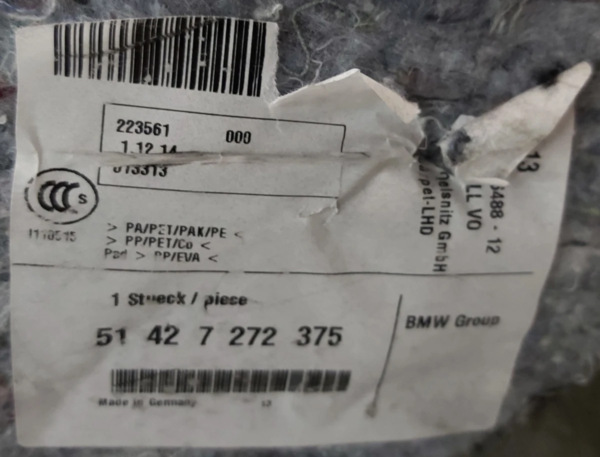 Килимове покриття підлоги 1-го ряду сидінь в зборі з панеллю для відпочинку ноги водія BMW I3 51477272375