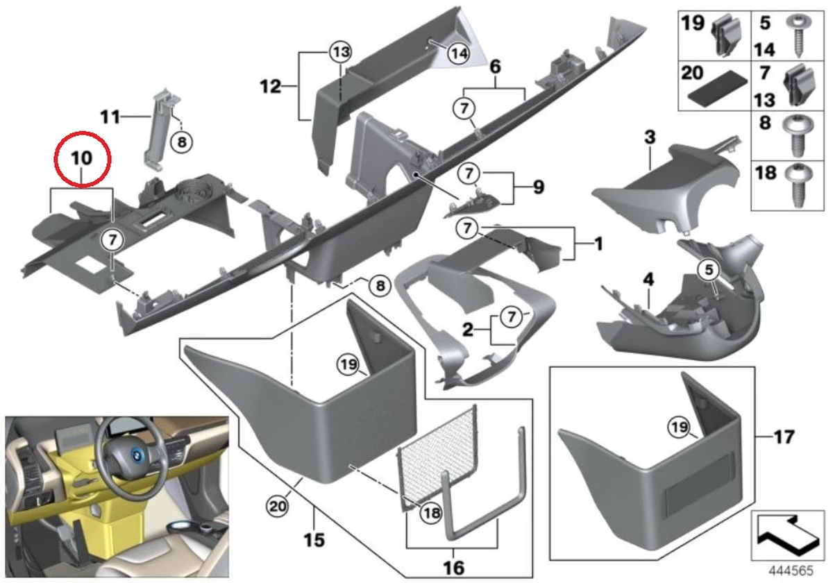 Облицювання інструментальної панелі нижня ліва в зборі з ліхтарем підсвічування і динаміком гучного зв'язку BMW i3 51459283030