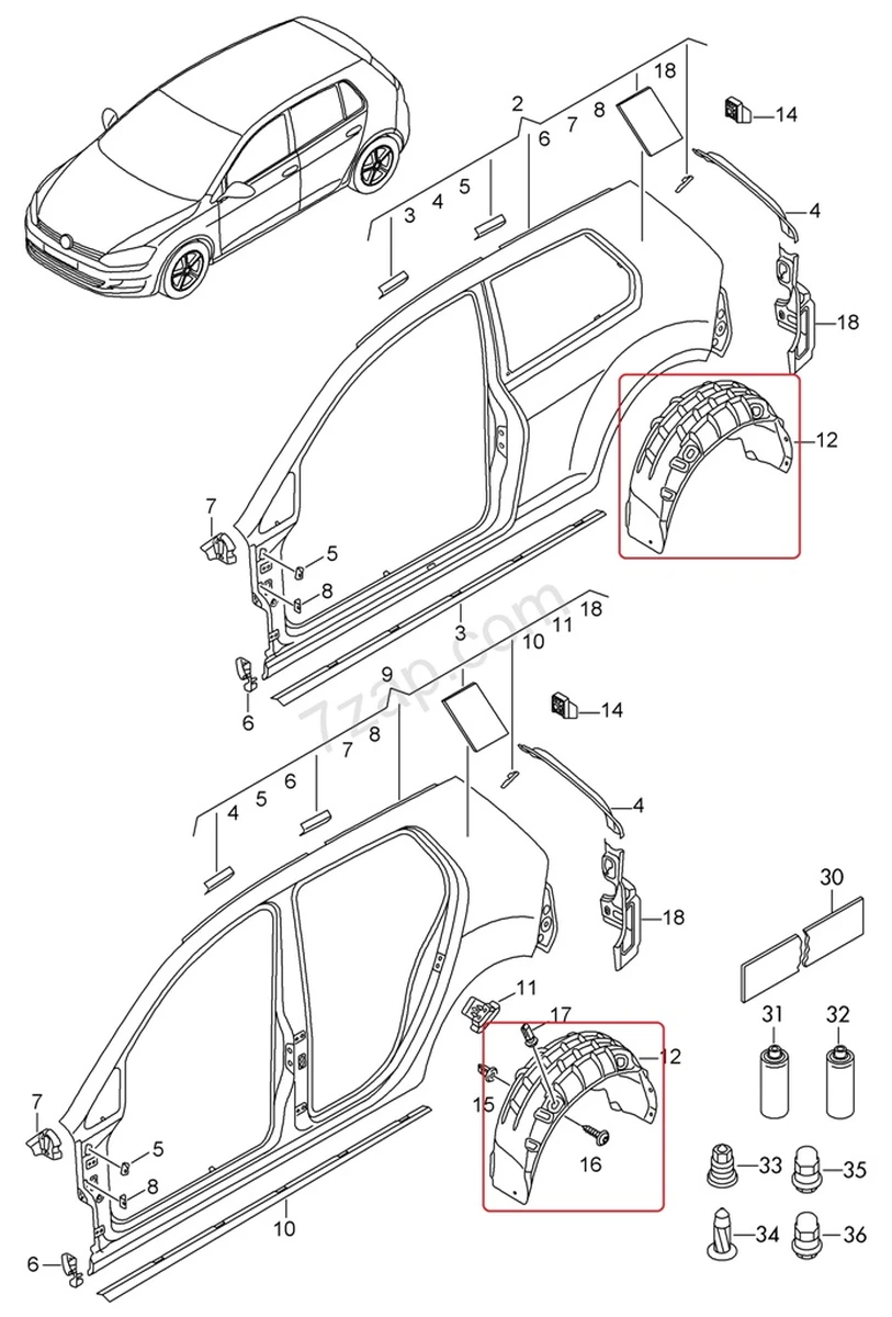 Wheel arch liner (wheel arch liner) rear right with damage Volkswagen E-GOLF 5G0810972