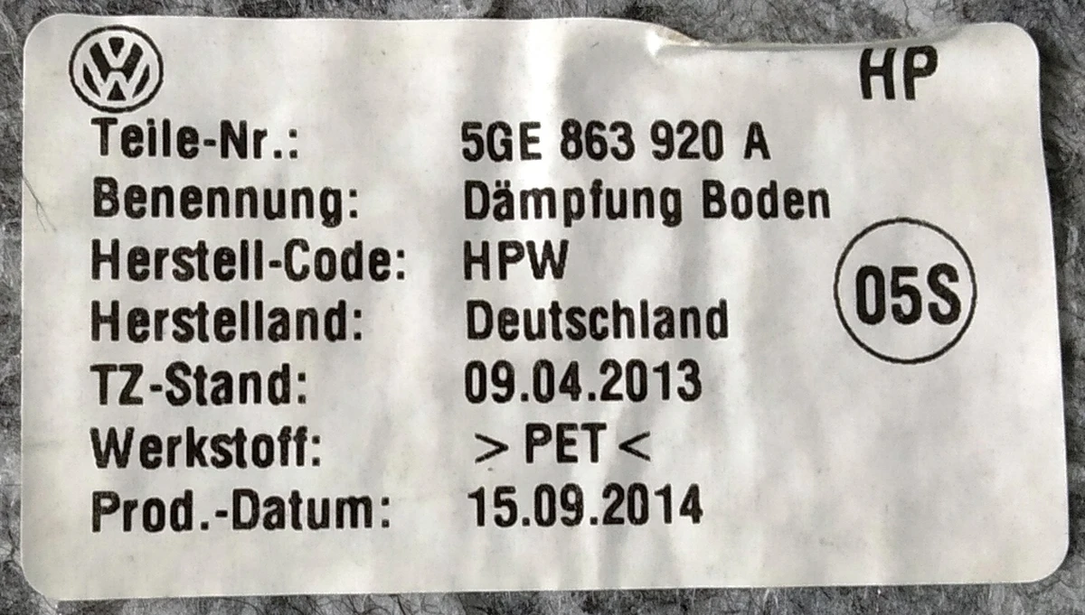 Теплошумоизолятор салона для пола 5GE863920A Volkswagen E-GOLF