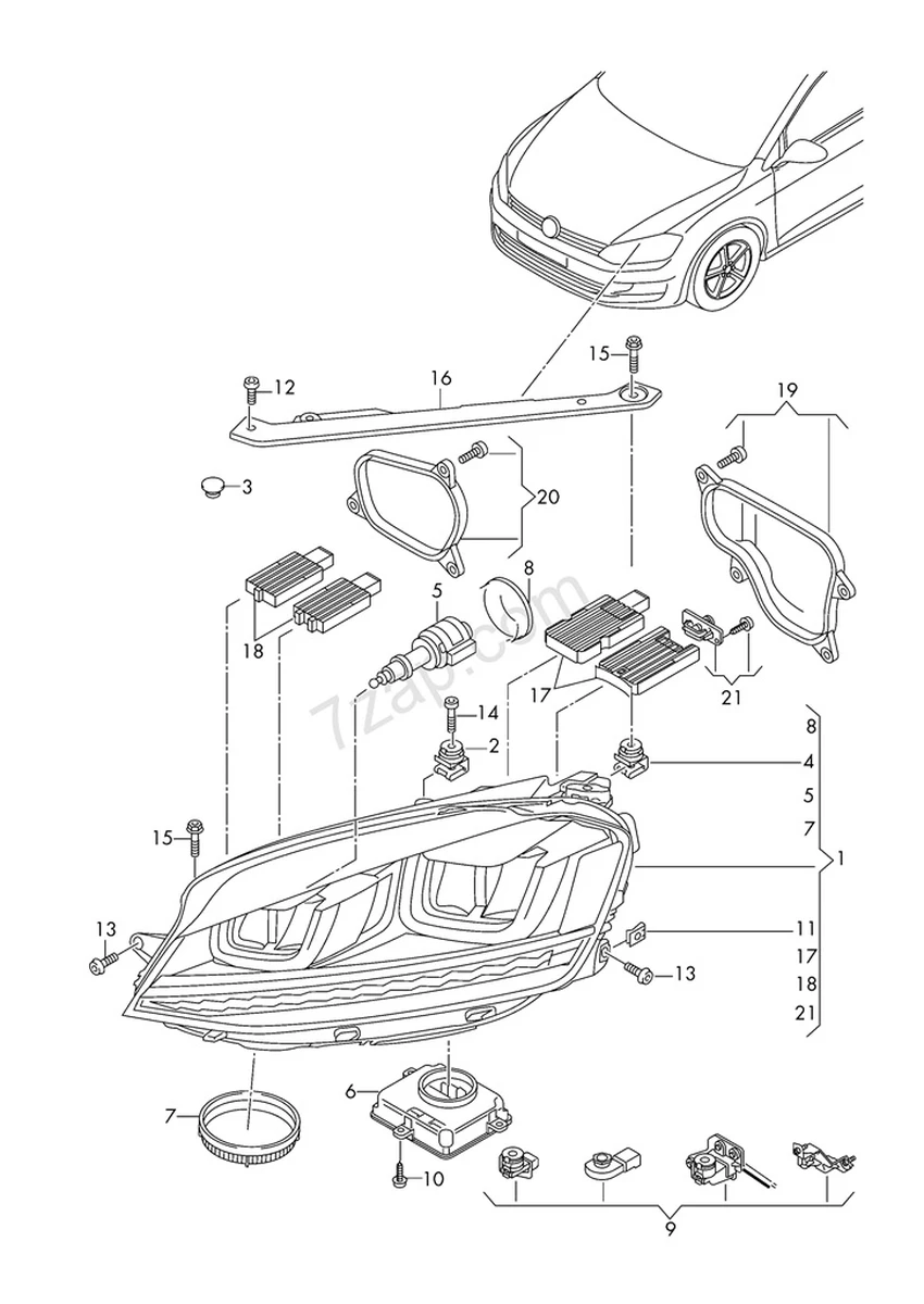 Фара светодиодная правая в сборе с повреждением VW E-GOLF 5GE941774B