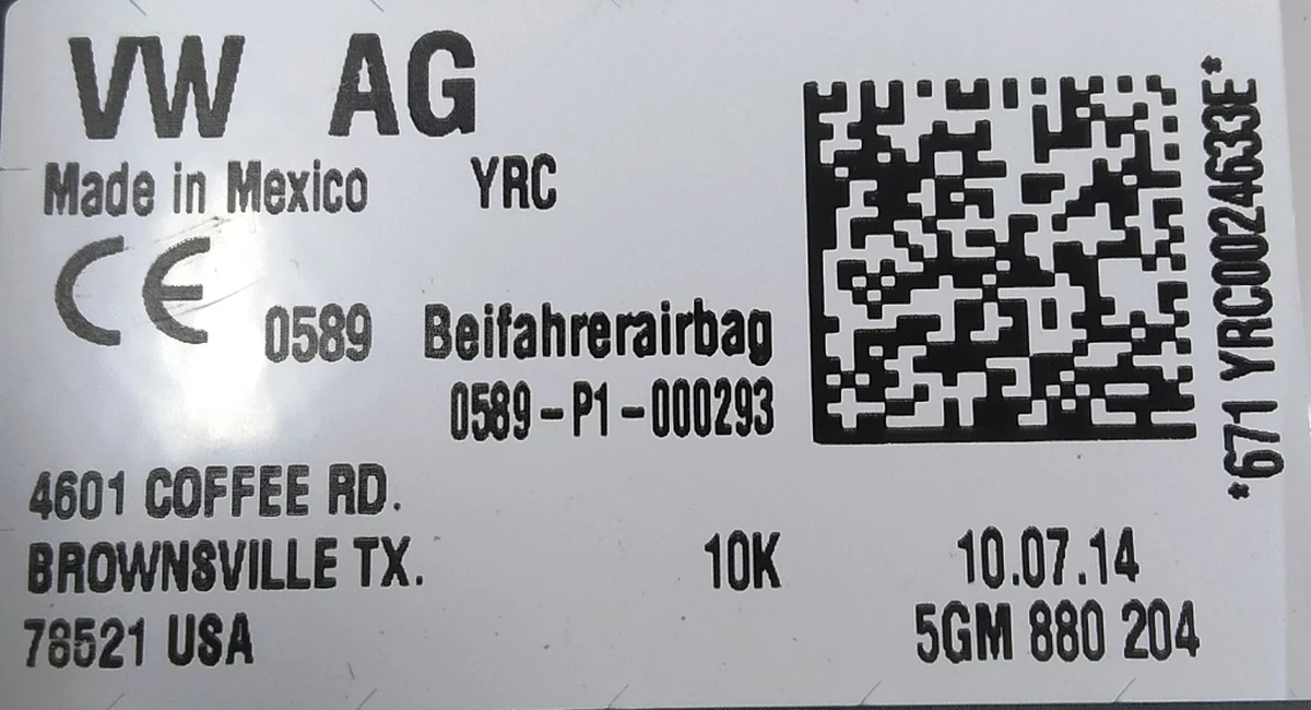 Подушка безпеки пасажира (торпедо) 5GM880204 Volkswagen E-GOLF