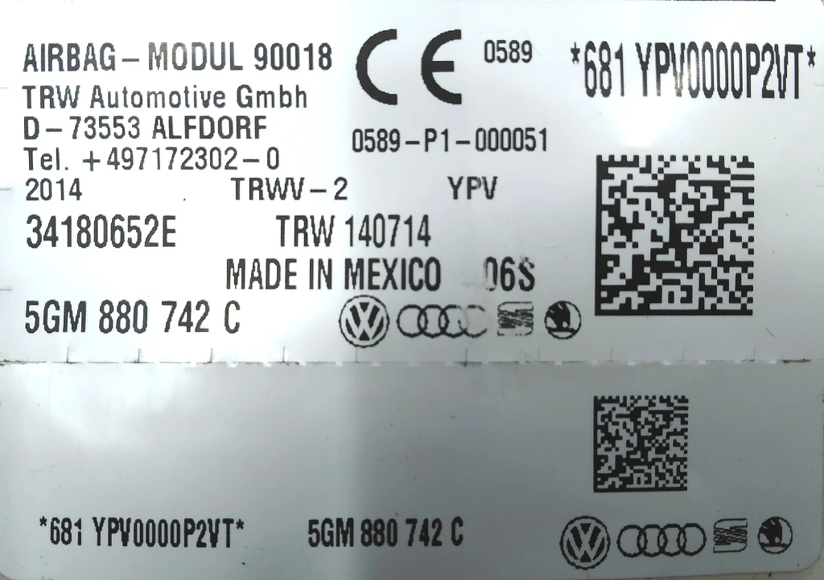 Right side airbag (curtain) 5GM880742C Volkswagen E-GOLF