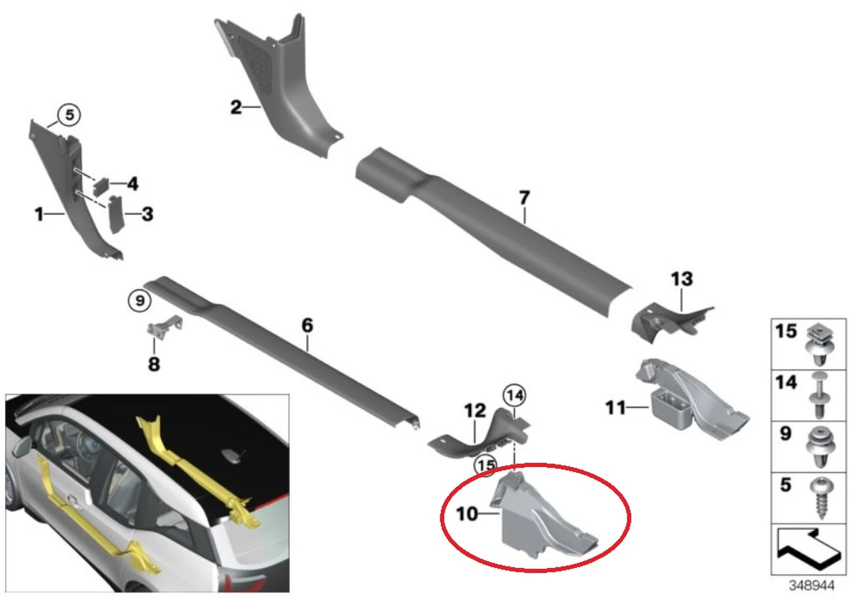 Panel for filling cavities of the base trim of the C pillar lower left BMW I3 51477290035