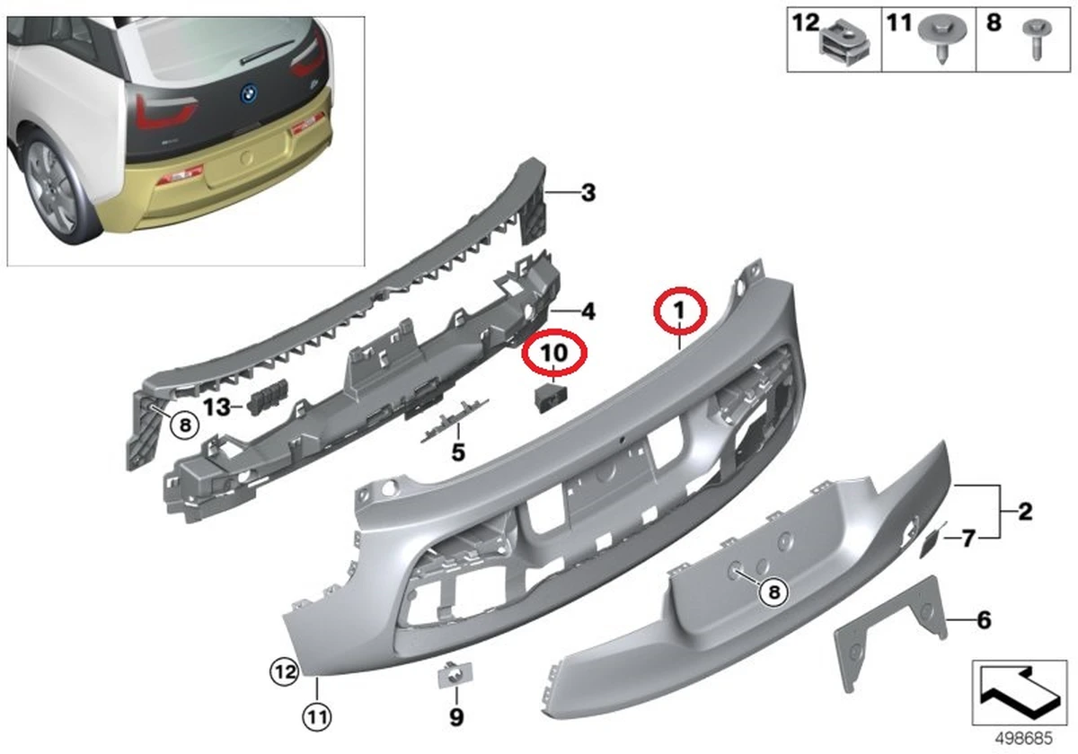 Бампер задній (під камеру заднього виду і комфортний доступ, забарвлений - чорний) в зборі з камерою заднього виду (з пошкодженням) BMW I3 51127370582