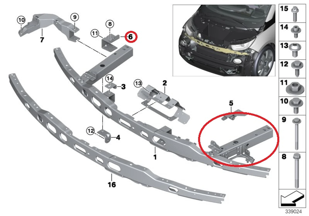 Деформирующийся элемент (стакан) верхнего усилителя бампера переднего левый в сборе с кронштейном крепления BMW I3 51647296805