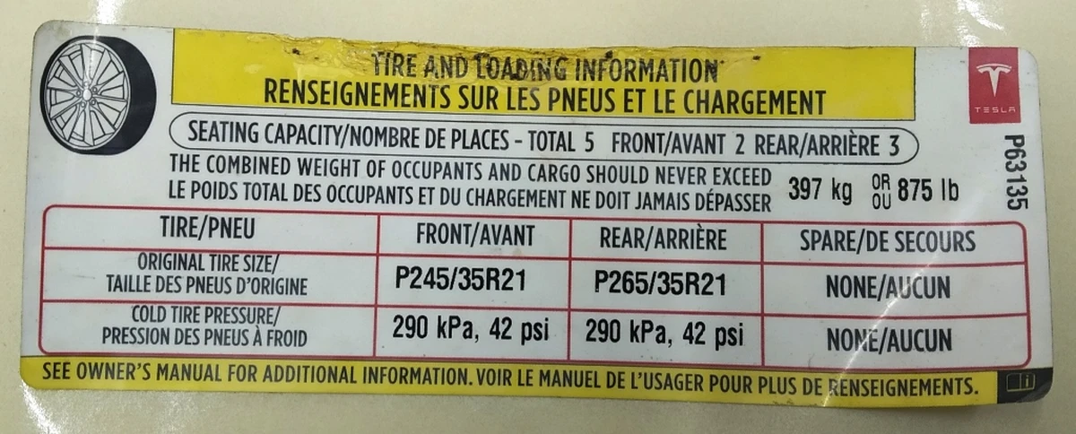3 Етикетка (лейба, наклейка) з х-мі коліс та макс. допустимим довантаженням Tesla model S P85D 1013935-00-C